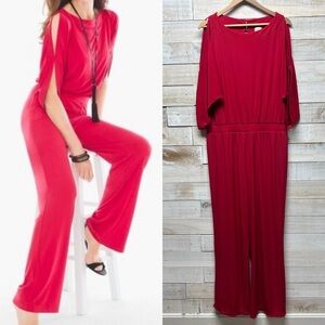 Chicos Jumpsuit Womens‎ 3 US XL Red 3/4 Slit Sleeve Wide Leg Stretch Party